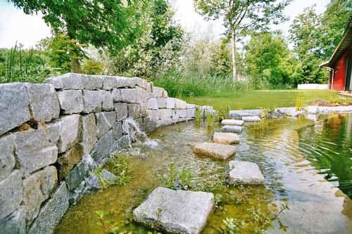 Regenationsbereich eines Schwimmteichs von Expertenfirma mit Bepflanzung und Wasserspiel